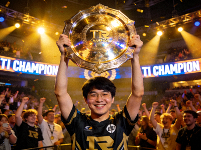DOTA2明星选手Ame在TI国际邀请赛上举起冠军盾的荣耀时刻